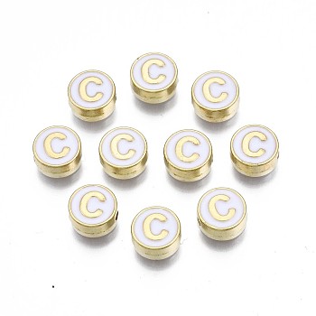 Alloy Enamel Beads, Cadmium Free & Lead Free, Light Gold, Flat Round with Alphabet, White, Letter.C, 8x4mm, Hole: 1.5mm