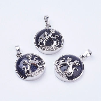 Synthetic Blue Goldstone Pendants, with Brass Findings, Flat Round with Fox, Platinum, 28~29x23~24x9~10mm, Hole: 5x7mm