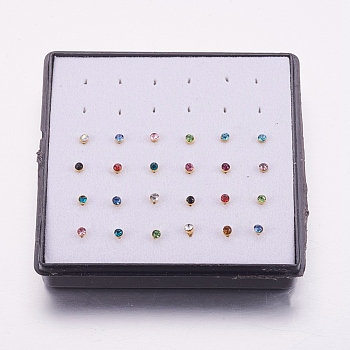 316L Surgical Stainless Steel Nose Studs Nose Piercing Jewelry, Nose Bone Rings, with Rhinestone, Golden, Mixed Color, 2X1.5mm, Pin: 18 Gauge(1mm), 24pcs/box