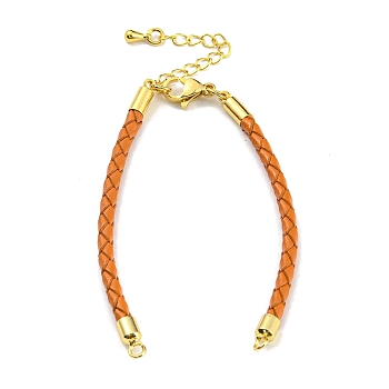 Leather Braided Cord Link Bracelets, Fit for Connector Charms, with Long-Lasting Plated Rack Plating Colden Tone Brass Lobster Claw Clasp & Chain Extender, Dark Orange, 6x1/8 inch(15.2cm), Hole: 2mm