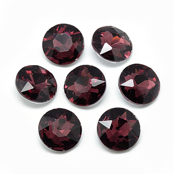 Pointed Back Glass Rhinestone Cabochons, Back Plated, Faceted, Flat Round, Dark Red, 12x4.8mm