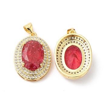 Real 16K Gold Plated Brass Micro Pave Cubic Zirconia Pendants, with Glass, Oval Charms, Red, 23x17x8mm, Hole: 5x3.5mm