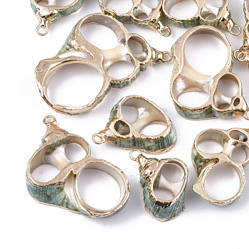 Electroplate Spiral Shell Pendants, with Iron Findings, Light Gold, Light Sea Green, 23~49x20~40x7mm, Hole: 2mm