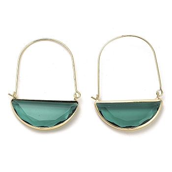 Glass with Brass Pendants, Half Round Charms, Sea Green, 43.5x30x4.8mm, Hole: 24x30mm