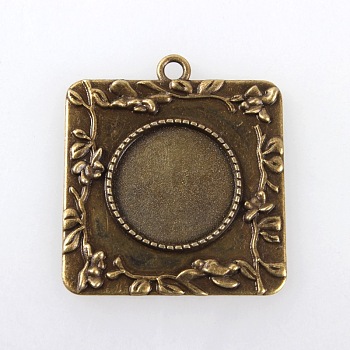 Vintage Tibetan Style Alloy Square Carved Branch Pendant Cabochon Bezel Settings, Cadmium Free & Nickel Free & Lead Free, Antique Bronze, Flat Round Tray: 20mm, 40.5x36x2mm, Hole: 3mm, about 125pcs/kg