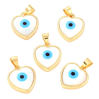 Natural River Shell Pendants, with Jump Rings and Golden Plated Brass Findings, Heart with Evil Eye, White, 16x14x4mm, Jump Ring: 5x0.8mm, Inner Diameter: 3mm