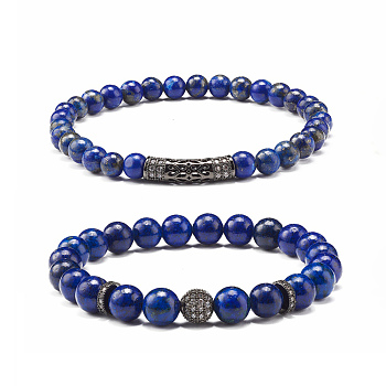 Natural Lapis Lazuli(Dyed) Round Beads Stretch Bracelets Set, Round & Tube Brass Micro Pave Cubic Zirconia Beads Bracelets, Gunmetal, Inner Diameter: 2-1/4 inch(5.6cm), 2pcs/set