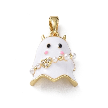 Rack Plating Brass Enamel Pendants, with Plastic Pearls and Cubic Zirconia, Golden, Ghost Charm, White, 17.5x13x6mm, Hole: 5×3mm