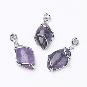 Natural Amethyst Pendants, with Brass Findings, Horse Eye, Platinum, 38x17x7mm, Hole: 3x4mm