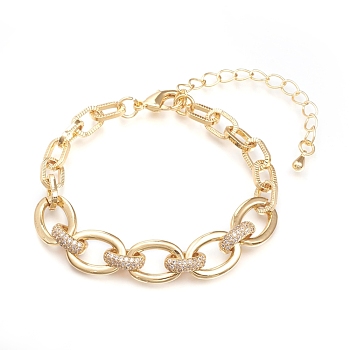 Brass Cable Chains Bracelets, with Clear Cubic Zirconia and Lobster Claw Clasps, Textured, Long-Lasting Plated, Golden, 6-1/4 inch(16cm)