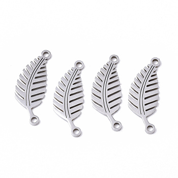 201 Stainless Steel Links Connectors, Laser Cut, Leaf, Stainless Steel Color, 21x8x1mm, Hole: 1.4mm