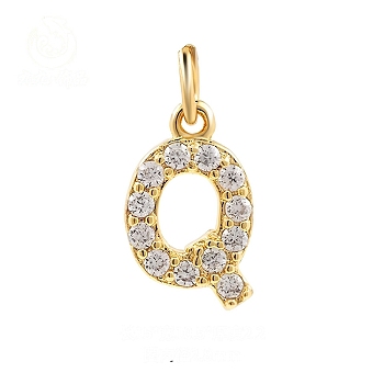 Brass Cubic Zirconia Pendants with Jump Rings, Real 18K Gold Plated, Letter Q, 15x10.5x2.2mm, Hole: 2.8mm
