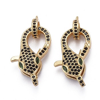 Brass Micro Pave Black & Green Cubic Zirconia Lobster Claw Clasp, Long-Lasting Plated, with Jump Rings, Snake Shape, Real 18K Gold Plated, 23x12.5x7mm