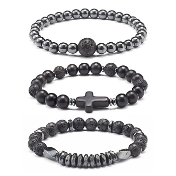 Energy Power Cross Beads Stretch Bracelets Set for Men Women, Natural Wood & Synthetic Turquoise(Dyed) & Synthetic Hematite & Natural Lava Rock Beads Bracelets, Inner Diameter: 2-1/8 inch(5.5cm), 3pcs/set