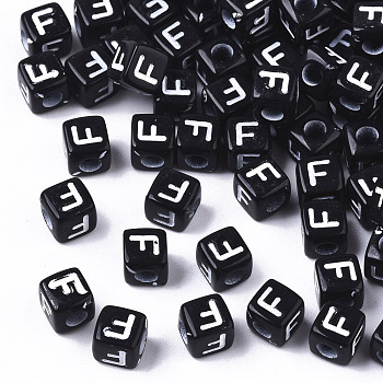 Opaque Acrylic Beads, Horizontal Hole, Alphabet Style, Cube, Black & White, Letter.F, 5x5x5mm, Hole: 2mm, about 440pcs/44g