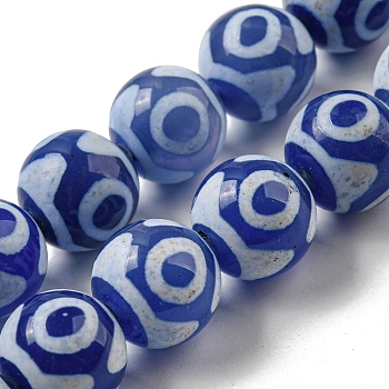 Blue Tibetan Style dZi Beads Strands, Dyed Natural Agate Beads Strands, Round with Eye Pattern, Medium Blue, 12mm, Hole: 1.2mm, about 30pcs/strand, 13.78 inch(35cm)