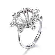 Adjustable 925 Sterling Silver Finger Ring Components, For Half Drilled Beads, with Cubic Zirconia, Carved 925, Flower, Platinum, Size 7, 17mm, Tray: 11mm, Pin: 0.8mm(STER-F048-01P)