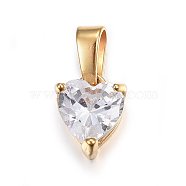 Cubic Zirconia Charms, with 304 Stainless Steel Findings, Heart, Clear, Golden, 10x7.5x6mm, Hole: 5x3mm(STAS-P216-13G)