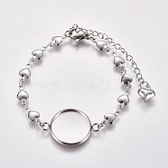 304 Stainless Steel Bracelet Making, with Lobster Claw Clasps, Heart Link Chains and Flat Round Cabochon Settings, Stainless Steel Color, Tray: 16mm, 6 inch(15.3cm)(STAS-L248-009P)