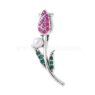 Alloy Rhinestone Brooches, with Plastic Imitation Pearl Beads, Rose Flower, Antique Silver, Fuchsia, 36.5x16.5mm(JEWB-H028-03AS-04)