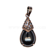 Retro Hollow Natural Obsidian  Pendants, Teardrop Pendants with Red Copper Metal Finding , 31x15mm(PW-WGBA09F-10)