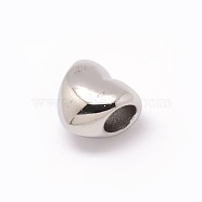 Heart 304 Stainless Steel European Large Hole Beads, Stainless Steel Color, 10x11.5x8mm, Hole: 5mm(OPDL-M015-11P)