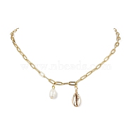 Natural Cultured Freshwater Pearl Necklaces, Ion Plating(IP) 304 Stainless Steel Cable Chains and Shell Beads, Oval, Real 18K Gold Plated, 16.14 inch(41cm)(NJEW-JN04785)
