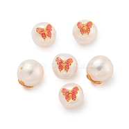 Round Natural Freshwater Pearl Beads, with Long-Lasting Plated Rack Plating Brass Butterfly Findings, Real 18K Gold Plated, Pink, 9.5~10x9.5~10x10~11mm, Hole: 1~1.2mm(PEAR-K009-11G-01)