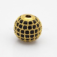 CZ Brass Micro Pave Grade AAA Black Color Cubic Zirconia Round Beads, Cadmium Free & Nickel Free & Lead Free, Golden, 8mm, Hole: 1.7mm(KK-O065-8mm-01G-NR)