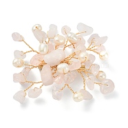 Natural Rose Quartz Chips & Pearl Beaded Flower Brooch Pin, Golden 304 Stainless Steel Wire Wrap Lapel Pin for Women, 45~55x55~60x10mm(JEWB-BR00098-03)