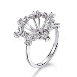 Adjustable 925 Sterling Silver Finger Ring Components, For Half Drilled Beads, with Cubic Zirconia, Carved 925, Flower, Platinum, Size 7, 17mm, Tray: 11mm, Pin: 0.8mm(STER-F048-01P)