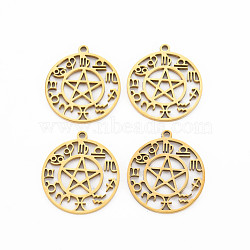 201 Stainless Steel Hollow Pendants, Flat Round with Star & 12 Constellations, Real 18K Gold Plated, 28x25x1.5mm, Hole: 2mm(STAS-S119-151G)