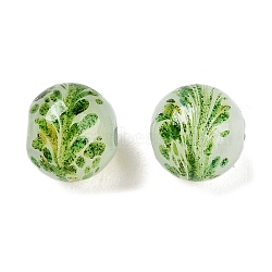 Handmade Green Sand Lampwork Beads, Round with Flower, Green, 9x10mm, Hole: 1.6mm(LAMP-T023-04B-01)