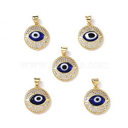 Real 18K Gold Plated Brass Clear Cubic Zirconia Pendants, Flat Round with Lampwork Evil Eye Charms, Lead Free & Cadmium free, Dark Blue, 19x16.5x5mm, Hole: 4mm(ZIRC-L102-12G-05)