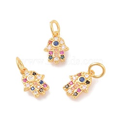 Brass Micro Pave Cubic Zirconia Charms, Hamsa Hand/Hand of Fatima/Hand of Miriam, Colorful, Golden, 13x9.5x2mm, Hole: 4mm(ZIRC-F106-05G)