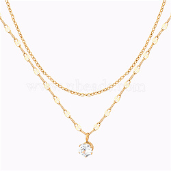 Stainless Steel Double Layer Necklace, with Cubic Zirconia Charms, Golden, 15.75 inch(40cm)(GO5113-1)
