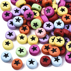 Opaque Acrylic Beads, with Enamel, Flat Round with Star, Mixed Color, 7x4mm, Hole: 1.5mm(X-MACR-N008-32)