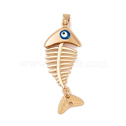 Alloy Enamel Big Pendants, Golden, Fishbone with Evil Eye Charm, Marine Blue, 54x21x5.5mm, Hole: 7.5x4mm(ENAM-Z012-03C)