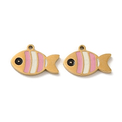 Ion Plating(IP) 316L Surgical Stainless Steel Charms, with Enamel, Real 18K Gold Plated, Fish Charm, Pink, 8x12.5x1.5mm, Hole: 1mm(STAS-D035-01B-G)