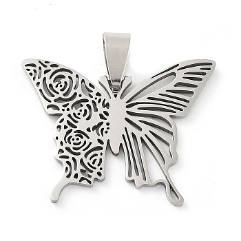 201 Stainless Steel Pendants, Laser Cut, Butterfly Charm, Stainless Steel Color, 25x32.5x1.5mm, Hole: 8.5x4.5mm