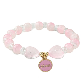 Jewelry Gift for Mother's Day, Alloy Enamel Charm Bracelets, Round & Heart Twon Tone Glass Beaded Bracelet for Women, Pearl Pink, Inner Diameter: 2 inch(5cm)