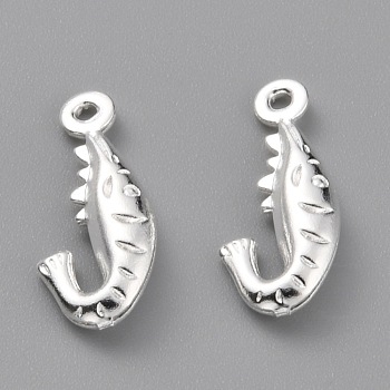 Brass Pendants, Long-Lasting Plated, Shrimp, 925 Sterling Silver Plated, 15.5x6.5x2.5mm, Hole: 1mm