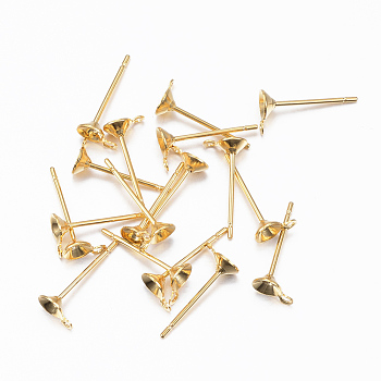 304 Stainless Steel Stud Earring Settings, with Loop, For Pointed Back Rivoli Rhinestone, Real 24K Gold Plated, 6x4mm, Tray: 3.5mm, Hole: 1mm, Pin: 0.8mm