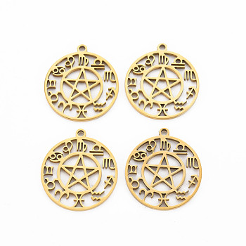 201 Stainless Steel Hollow Pendants, Flat Round with Star & 12 Constellations, Real 18K Gold Plated, 28x25x1.5mm, Hole: 2mm