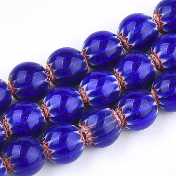 Handmade Millefiori Lampwork Beads Strands, Round, Blue, 10mm, Hole: 1mm, about 38pcs/strand, 14.3 inch
