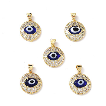Real 18K Gold Plated Brass Clear Cubic Zirconia Pendants, Flat Round with Lampwork Evil Eye Charms, Lead Free & Cadmium free, Dark Blue, 19x16.5x5mm, Hole: 4mm