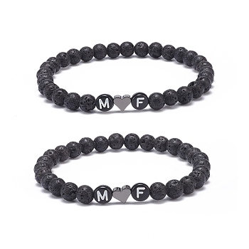 2Pcs Natural Lava Rock Stretch Bracelets Set, Heart & Word M and F Acrylic Beaded Couple Bracelets for Best Friends Lovers, Inner Diameter: 2-3/8 inch(6cm)