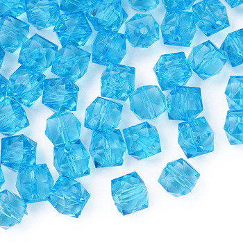 Transparent Acrylic Beads, Faceted, Cube, Deep Sky Blue, 10x11x11mm, Hole: 2mm, about 670pcs/500g