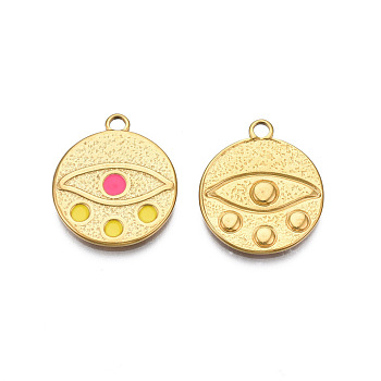 304 Stainless Steel Enamel Pendants, Real 18K Gold Plated, Flat Round with Eye, Deep Pink, 21x18x1.5mm, Hole: 1mm