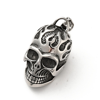 304 Stainless Steel Pendants, Manual Polishing, Skull, Antique Silver, 43x23x29.5mm, Hole: 7x4mm